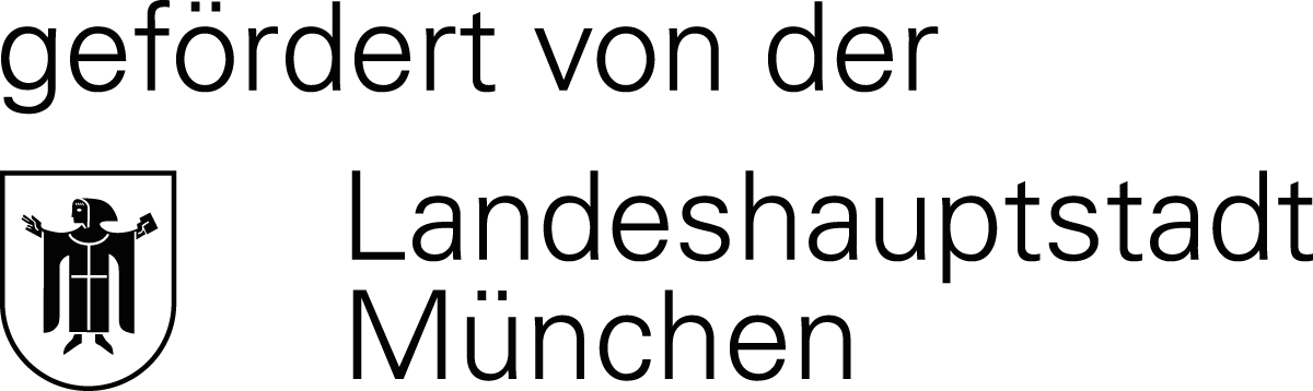 Das Wappen der Stadt München, ein Mönch mit ausgebreiteten Armen, umrandet von den Worten gefördert von der Landeshauptstadt Mpnchen